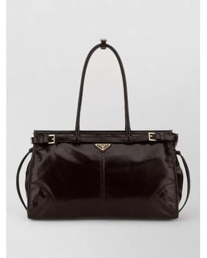 Prada Leather Shoulder Bag Buckle Accents Top Handles - Black