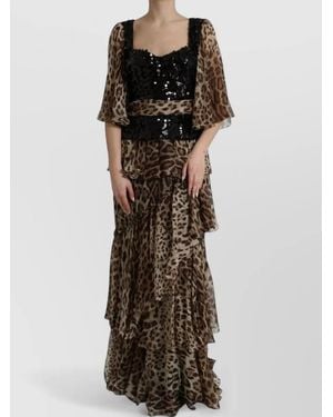 Dolce & Gabbana Silk Leopard-Print Sequined Tiered Maxi Dress - Brown