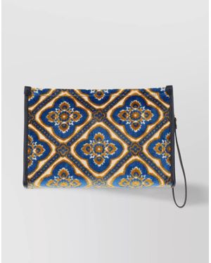 Etro Large Paisley Embroidered Rectangular Clutch With Wrist Strap - Blue