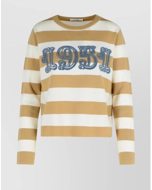 Max Mara Crew Neck Striped Wool Sweater With Embroidered Detail - Metallic