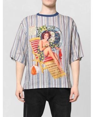 Dolce & Gabbana Striped Linen T Shirt Pinup Beach Motif - Gray