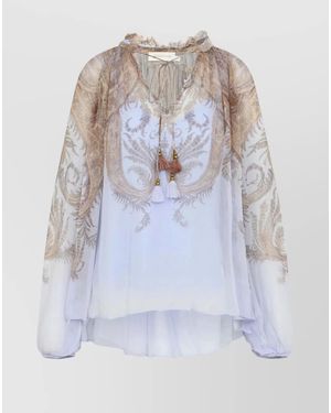 Zimmermann Long Sleeve Paisley Top Ruffled Neckline - White