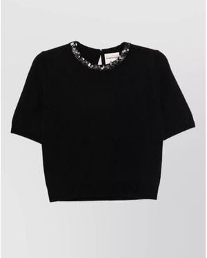 Semicouture Wool Cashmere Sequin-Embellished Short-Sleeve Crew-Neck Sweater - Black