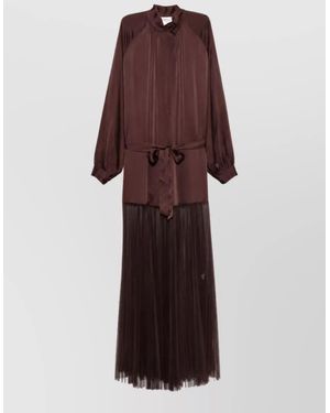 forte_forte Silk Sheer Panel High Neck Long Sleeve Belted Long Dress - Purple