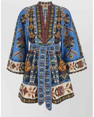 FARM Rio Tapestry Mini Dress Belted Waist Embroidery - Blue