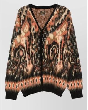 Needles Mohair Paisley Knit V Neck Cardigan - Brown