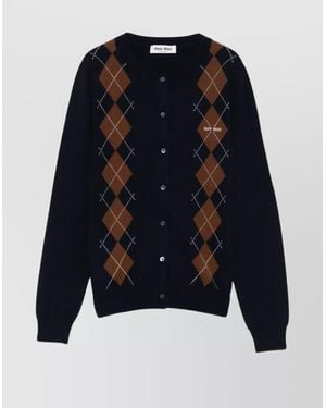 Miu Miu Diamond Knit Cardigan With Ribbed Finish - Blue