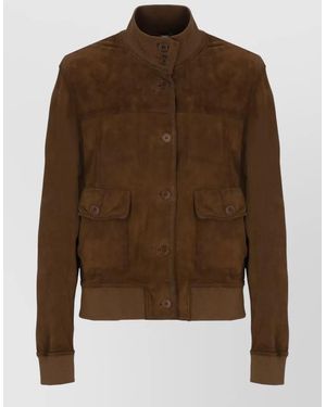 P.A.R.O.S.H. Suede Coat High Neck Ribbed Cuffs - Brown