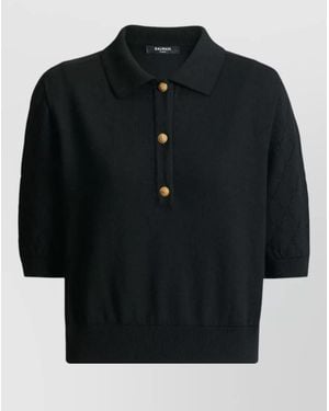 Balmain Knit Polo Shirt Button Detail Ribbed Hem - Black