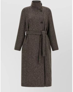 Brunello Cucinelli Chevron Virgin Wool Coat Belted Waist - Gray