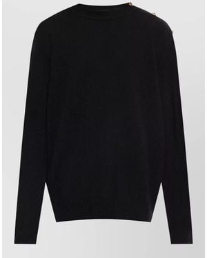 Balmain Crew Neck Top Button Detail Cuffs Hem - Black