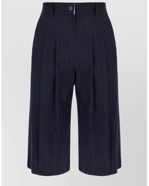LE SULLY STUDIO Pinstripe Bermuda Shorts Belt Loops Pleats - Blue