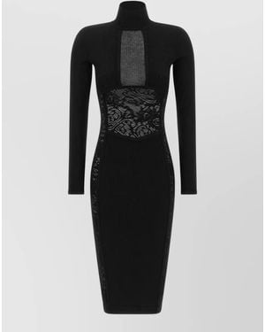 Elisabetta Franchi Knit Bodycon Dress Lace High Neck - Black