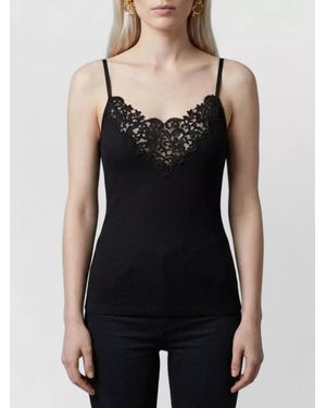 Saint Laurent Silk Ribbed Lace-Trim V-Neck Tank Top - Black