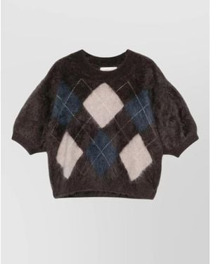 Lisa Yang Argyle Crew Neck Sweater Puff Sleeve - Black