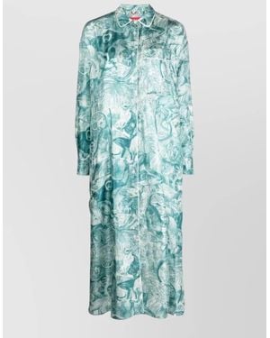 F.R.S For Restless Sleepers Silk Shirt Dress Japanese Branch Print - Blue