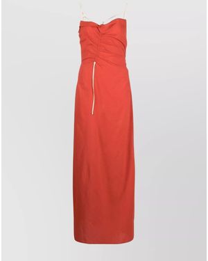 Jacquemus Cotton Draped Gathered Square Neck Spaghetti Strap Ankle-Length Dress