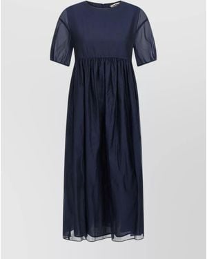 Max Mara Sheer Sleeves Gathered Waist Midi Dress - Blue