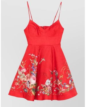 Zimmermann Linen Floral-Print V-Neck Mini Dress - Red
