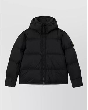Stone Island Hooded Jacket Quilted Design Side Pockets - Black