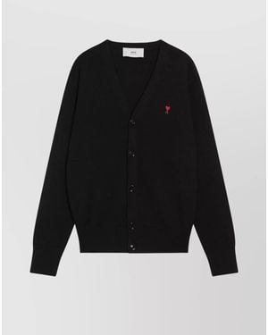 Ami Paris Merino Wool Fine-Knit V-Neck Cardigan - Black