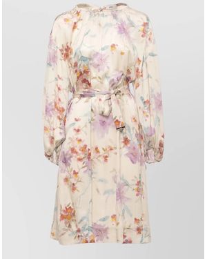 Herno Viscose Floral Dress Long Sleeves Belt - Natural