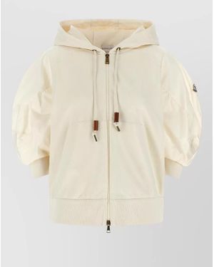 Moncler Short Sleeve Hooded Top Ribbed Hem - Natural