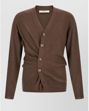 Lemaire Merino Wool Relaxed Asymmetric V-Neck Cardigan - Brown