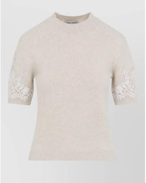 Alberta Ferretti Knit T Shirt Slim Silhouette Lace Sleeves - White
