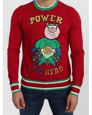 Dolce & Gabbana Wool Silk Superhero Pig Crew Neck Jumper - Red
