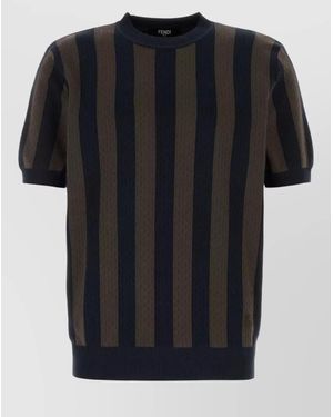 Fendi Embroidered Knit Striped Crew Neck T-Shirt - Black