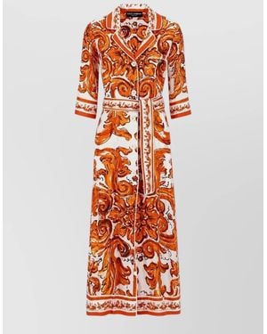 Dolce & Gabbana Printed Dress Belted Waist Three Quarter Sleeves - Orange