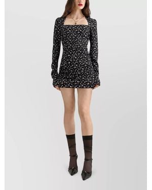 Dolce & Gabbana Silk Floral-Print Square-Neck Long-Sleeve Mini Dress - Black