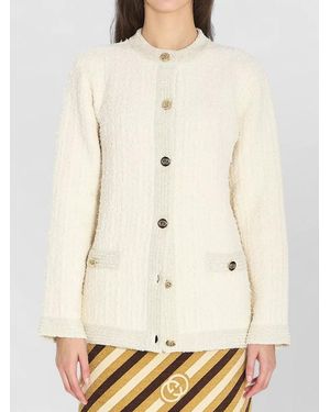 Gucci Bouclé Lamé Wool Cardigan Crew Neck - Natural