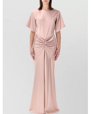 ANDAMANE Satin Gathered Short Sleeve Maxi Dress - Pink