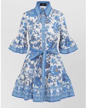 Etro Belted Floral Cotton Midi Dress Shirt - Blue