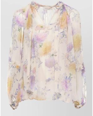 Zimmermann V Neck Viscose Dress Sheer Floral Ruffles - Pink