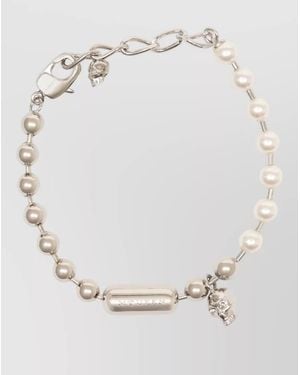 McQueen Skull And Pearl Bracelet Brass Chain - White