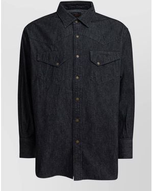 Beams Plus Western Denim Shirt Chest Pockets Collar - Blue