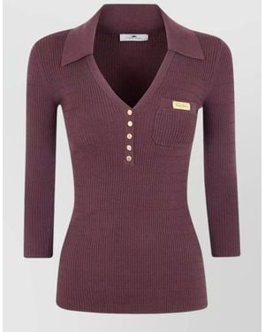 Elisabetta Franchi Silk Ribbed V-Neck Long-Sleeve Polo Shirt - Purple