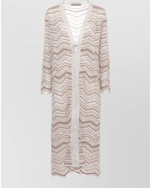 D.exterior Long Cardigan Geometric Pattern V Neckline - White