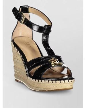 Ralph Lauren Leather Espadrille Wedge Sandals - Black