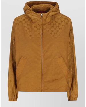 Gucci Hooded Gg Bomber Jacket Elastic Cuffs Pockets - Brown
