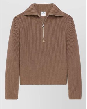 Courreges Ribbed Merino Wool Half-Zip Funnel-Neck Jumper - Brown