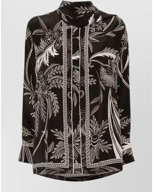 F.R.S For Restless Sleepers Silk Shirt Band Collar Botanical Print - Black