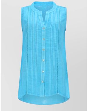 120% Lino Sleeveless Collared Shirt Style Top - Blue