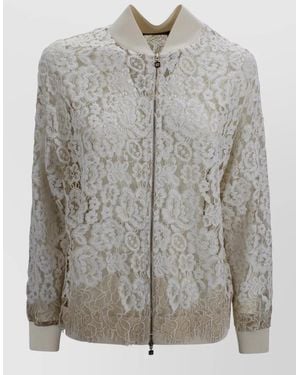 D.exterior Lace Bomber Jacket Round Neck Scalloped Hem - Grey
