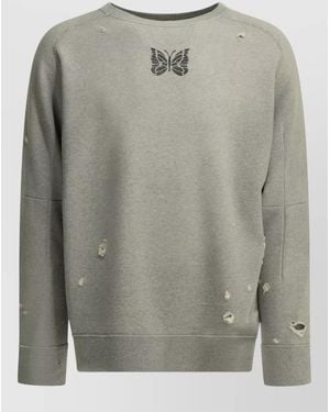 Needles Butterfly Crewneck Sweatshirt Distressed Ribbed Trims - Gray