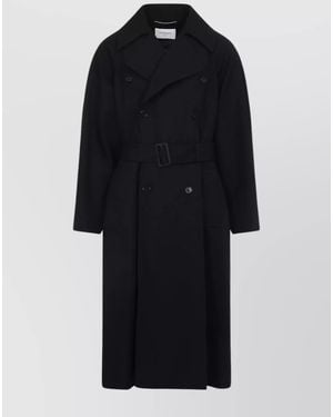 Saint Laurent Wool Double-Breasted Long Trench Coat - Black