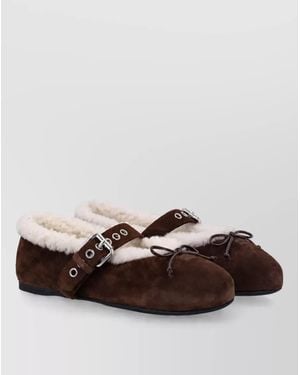 Miu Miu Leather Shearling Ballerina Flats - Brown